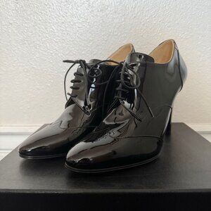 Chanel Patent Calfskin Leather Lace Up Black Ankle Boots Bootie